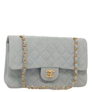 CHANEL Matelasse Chain Shoulder Bag Suede Light Blue Gold CC Auth